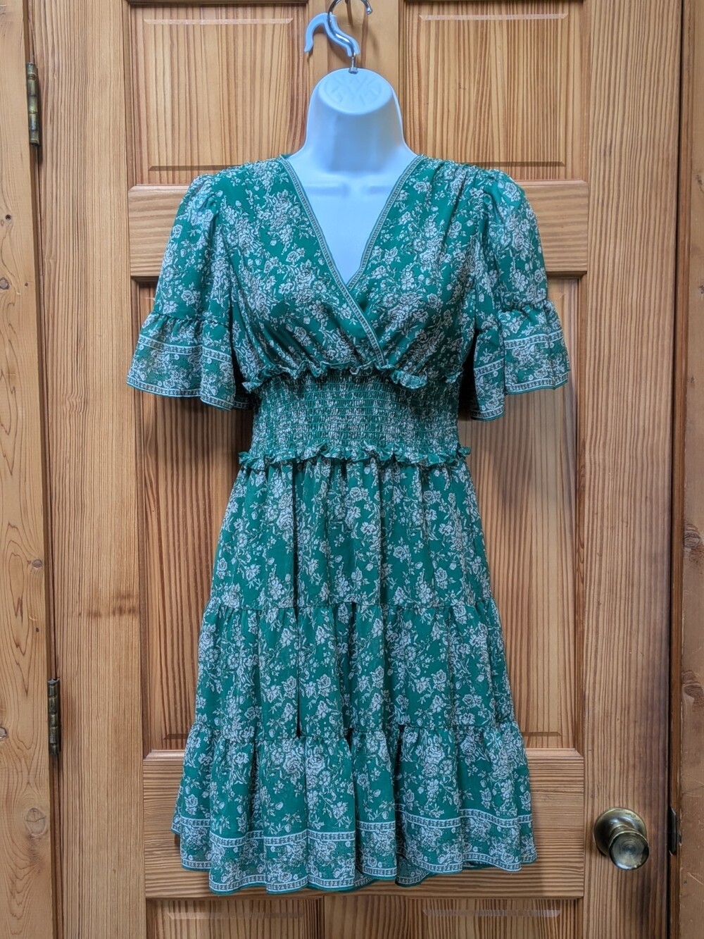 Max Studio XS Dress Green Floral Ruffle Sleeves Tiered Lined Fairy Boho Cottage